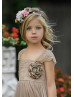 Dark Champagne Lace Tulle Pearl Elastic Back Flower Girl Dress